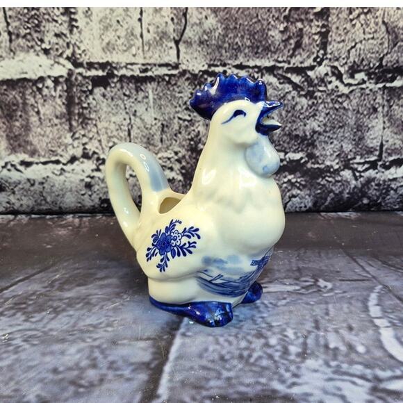 Vintage Delft Dutch Blue Chicken Rooster Figure Creamer Handpainted Windmill - Picture 2 of 7